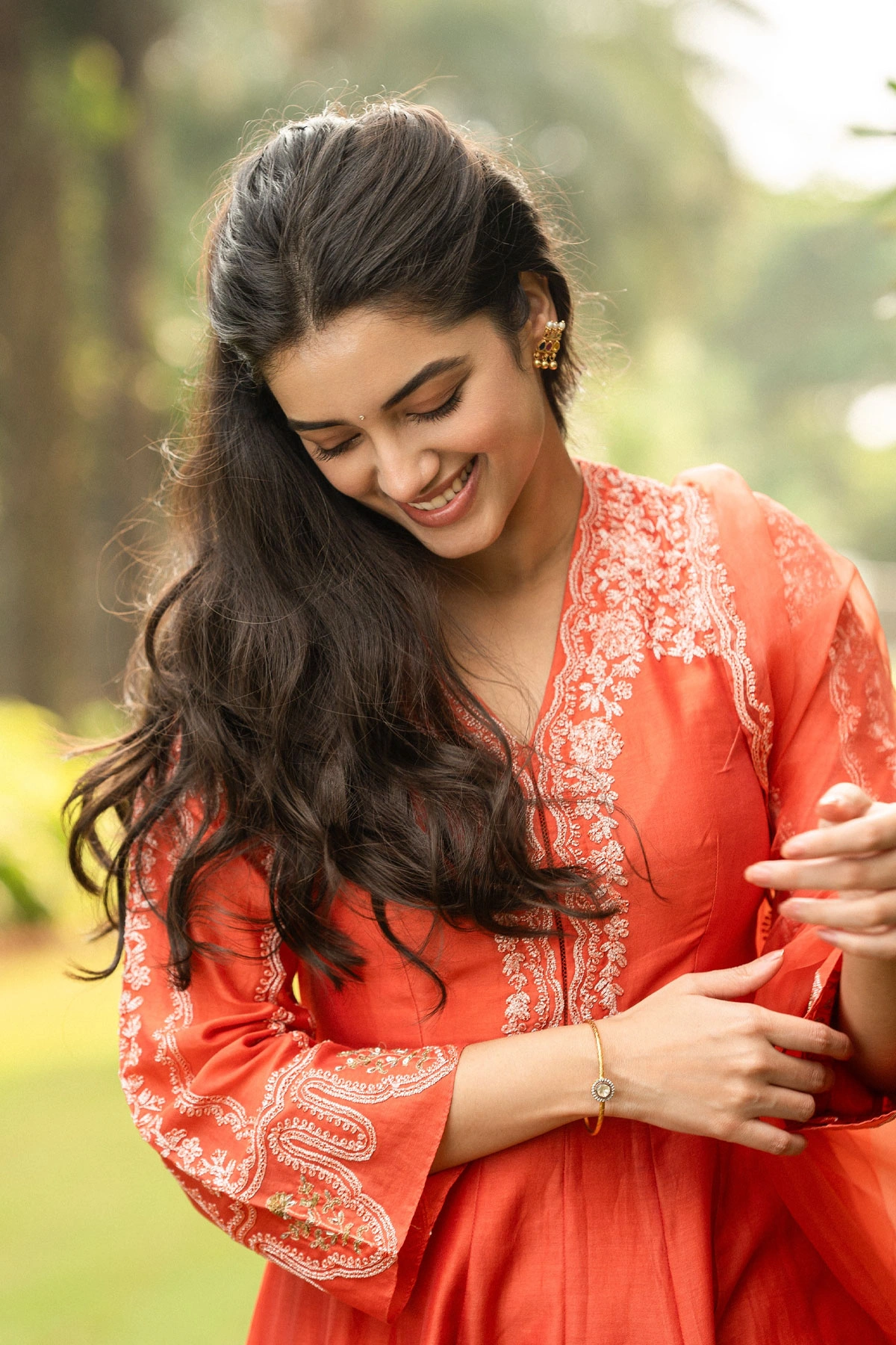 Get the Look: Bhagyashri Borse in Orange Chikankari Suit