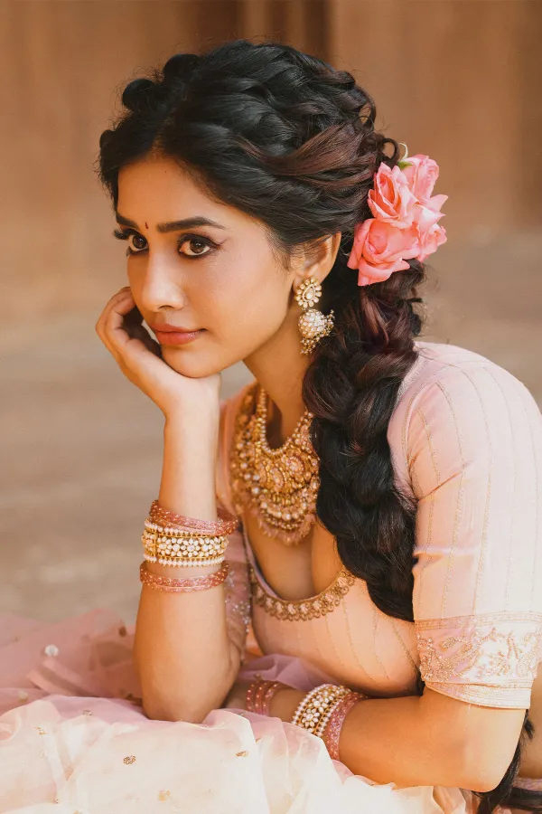 Nabha Natesh Stuns in Pastel Peach Lehenga by Mounika Ravuri