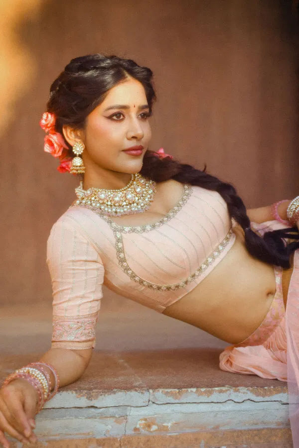 Nabha Natesh Looks Ethereal in Romantic Peach Lehenga Look