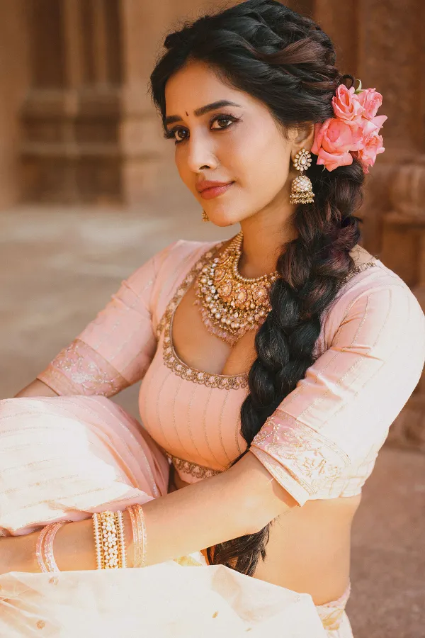 Nabha Natesh Sets Traditional Fashion Goals in Peach Lehenga