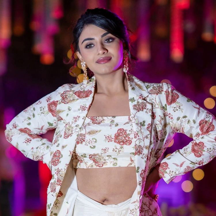 Nayan Sarika in Ivory Floral Blazer at Rakasa Movie Padhe Padhe Song Launch