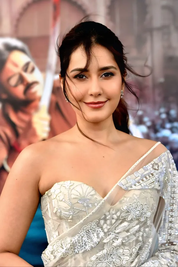 Ustaad Bhagat Singh Press Meet: Raashi Khanna in All-White Net Saree