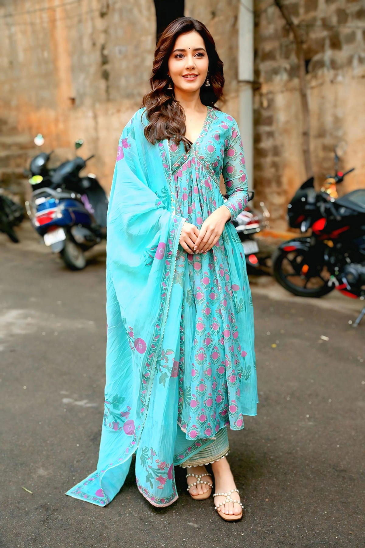 Raashi Khanna Radiates Elegance in Turquoise Anarkali Suit