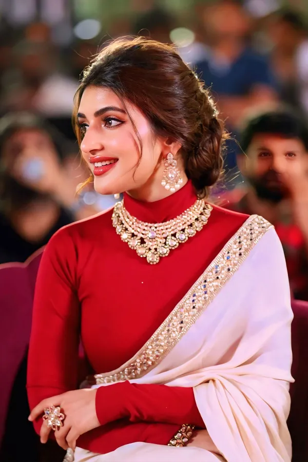 Sreeleela in Ivory White Saree & Maroon Blouse