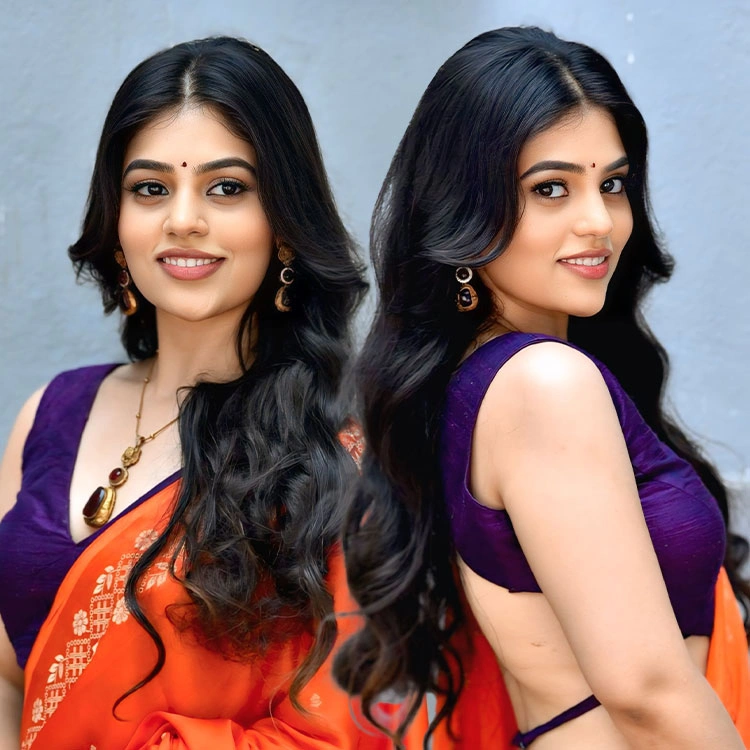 Bandhavi Sridhar in Orange Banarasi Silk Saree stills at Saira Banu Movie Launch