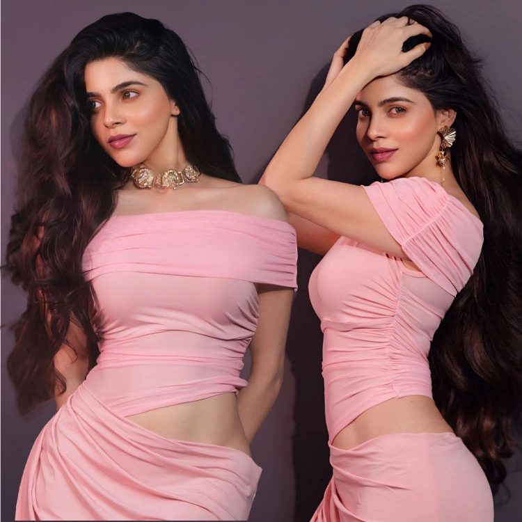 Divyabharathi hot photoshoot stills in Soft Pink Off-Shoulder Ruched Co-ord Set